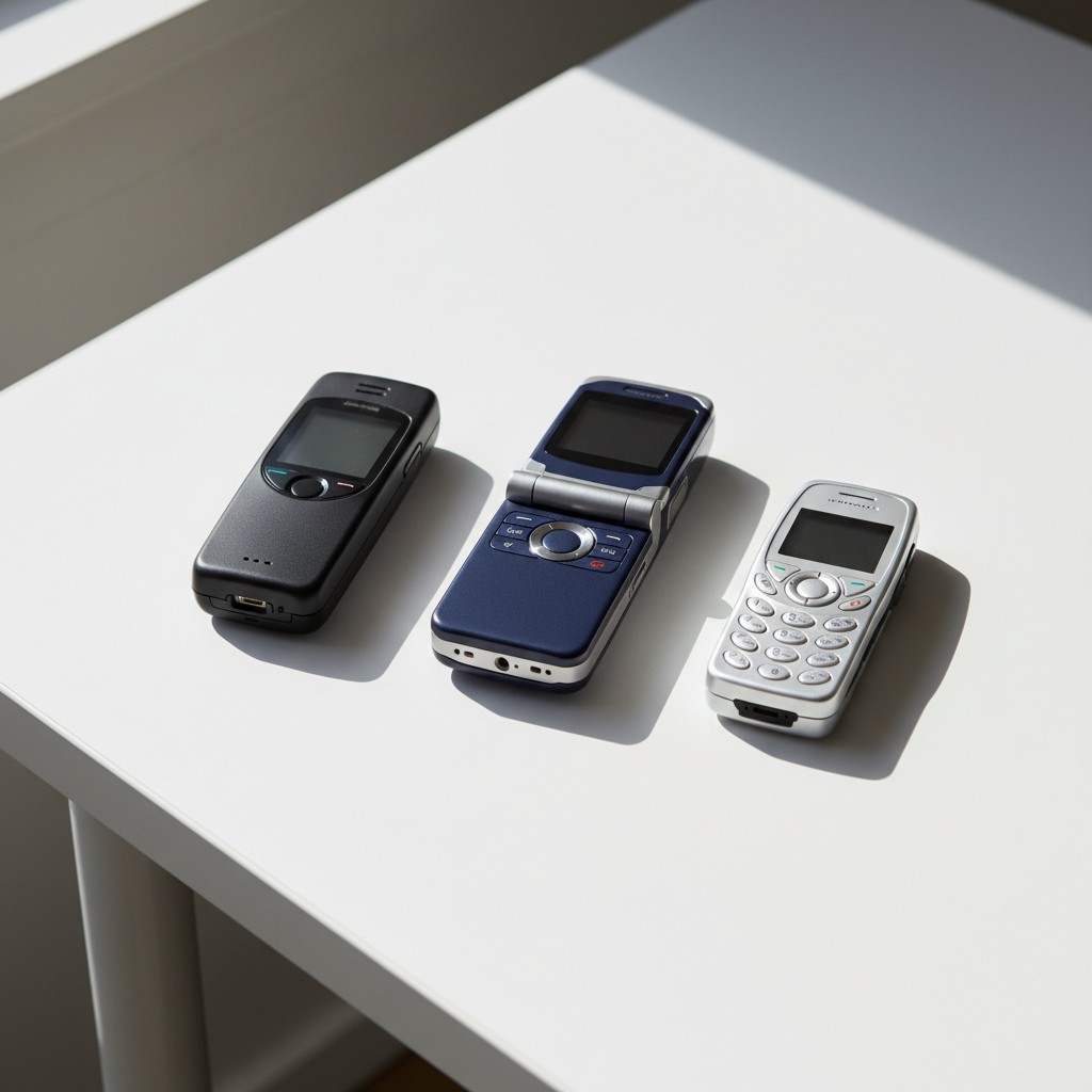 The alt text for the image is: "Three old, different kinds of mobile phones on a white table."
