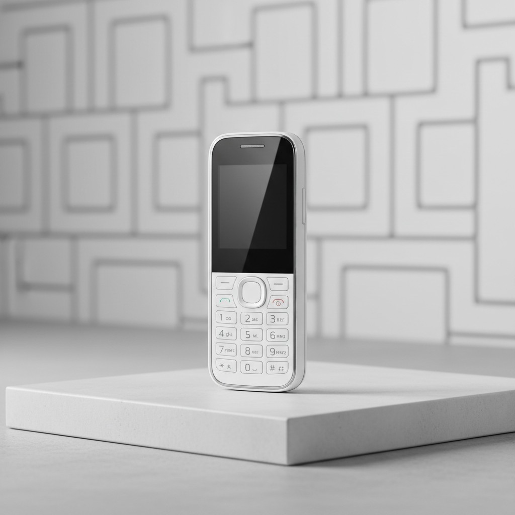 A phone sits on a flat surface in front of a white wall adorned with rectangular outlines of varying sizes.